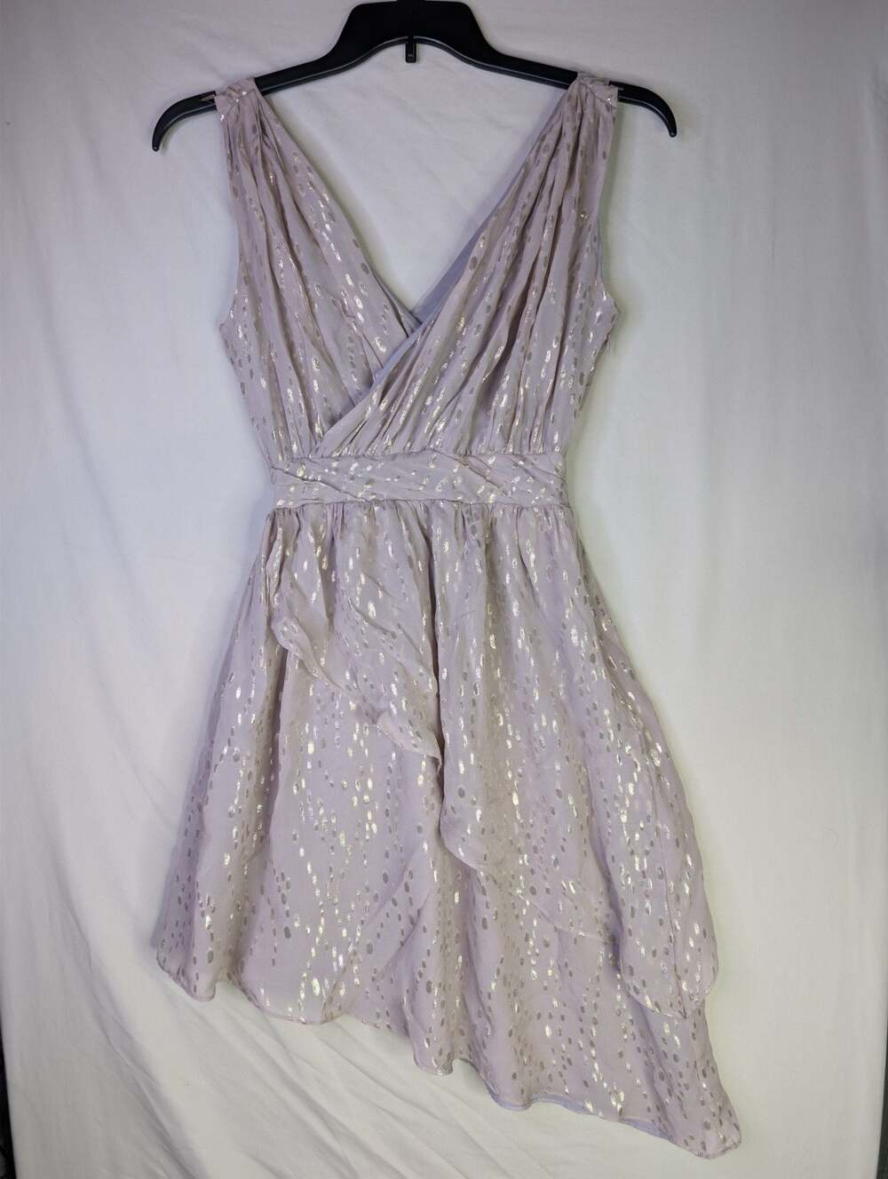 The Addison Story Lilac and Gold Metallic Asymmetric Ruffle Mini Dress